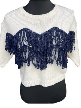 PortsPURE White with Navy Fringe Short Sleeve Boxy Crop Sweater (XS)